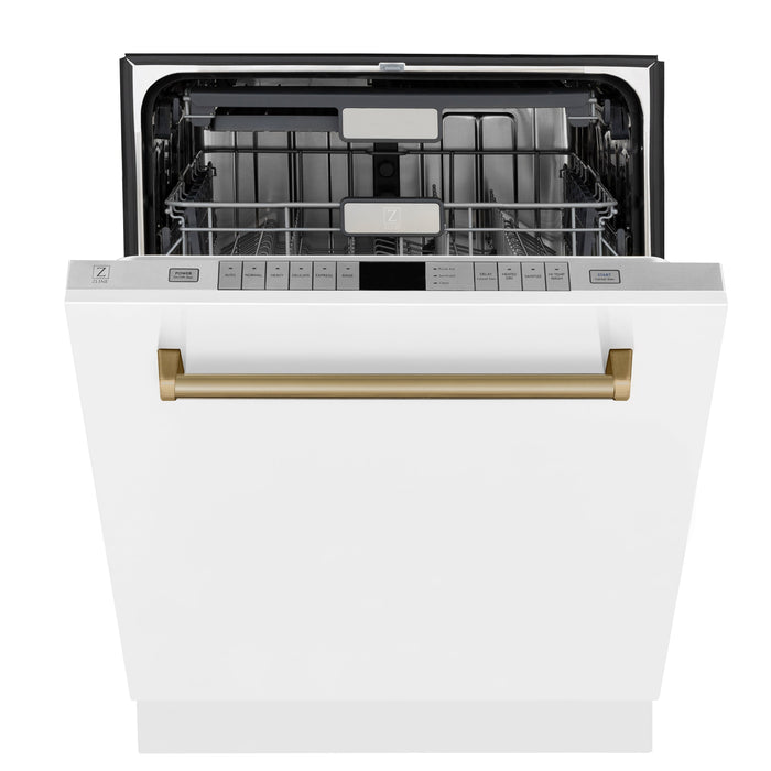 ZLINE 24" Autograph Edition Tallac Dishwasher in White Matte with Champagne Bronze Handle, DWMTZ-WM-24-CB