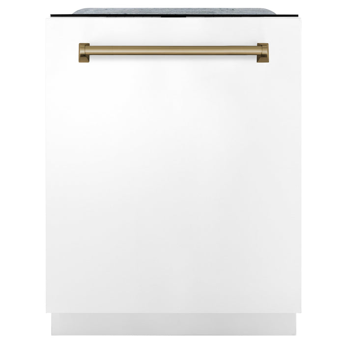 ZLINE 24" Autograph Edition Tallac Dishwasher in White Matte with Champagne Bronze Handle, DWMTZ-WM-24-CB