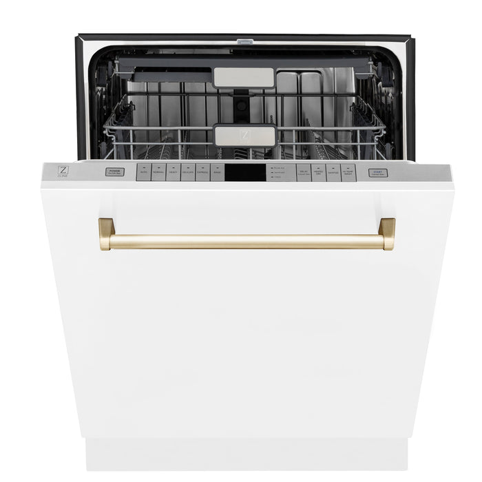 ZLINE 24" Autograph Edition Tallac Dishwasher in White Matte with Gold Handle, DWMTZ-WM-24-G