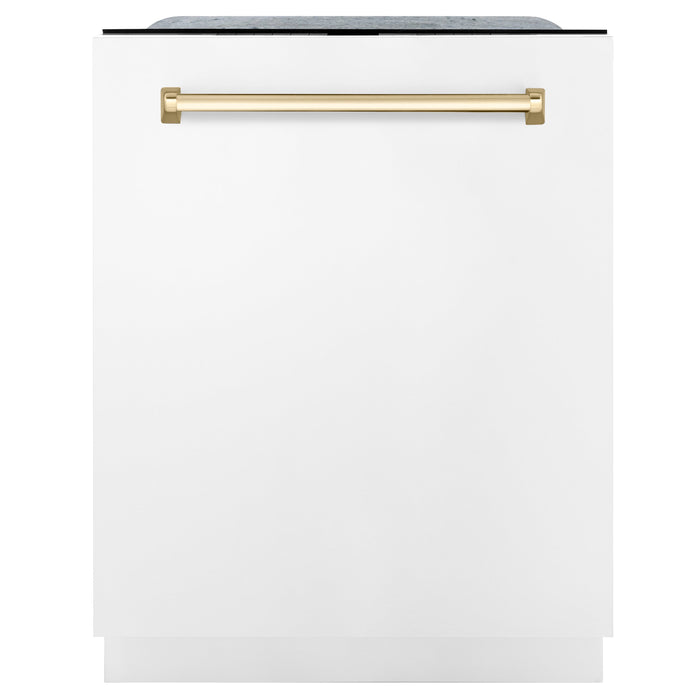 ZLINE 24" Autograph Edition Tallac Dishwasher in White Matte with Gold Handle, DWMTZ-WM-24-G