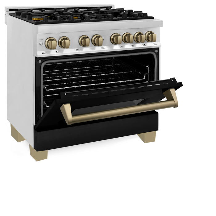 ZLINE 36" Autograph Edition Dual Fuel Range in Stainless Steel with Black Matte Door and Champagne Bronze Accents, RAZ-BLM-36-CB