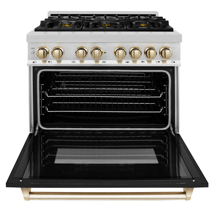ZLINE 36" Autograph Edition Dual Fuel Range in Stainless Steel with Black Matte Door and Polished Gold Accents, RAZ-BLM-36-G