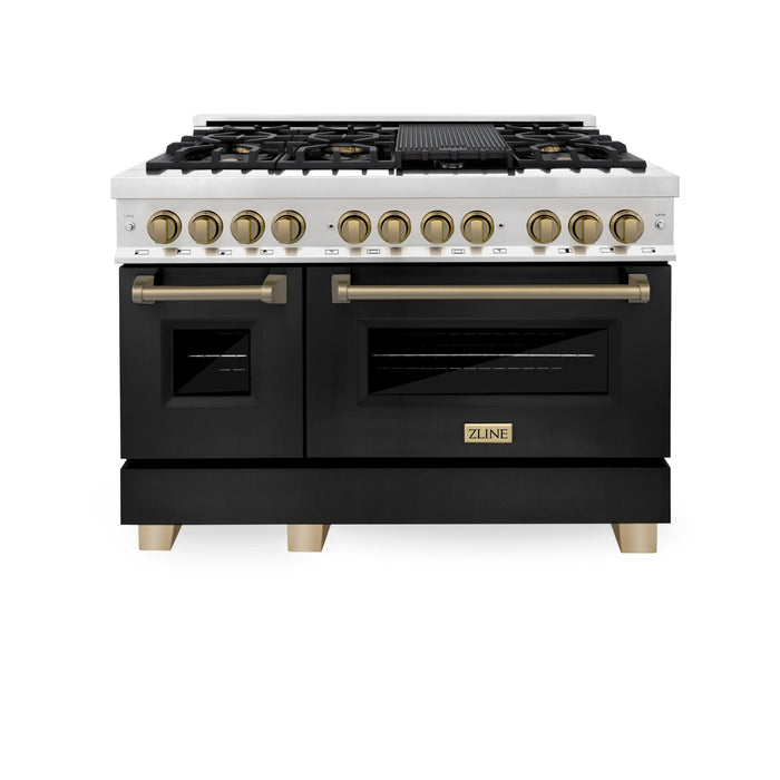 ZLINE 48" Autograph Edition Dual Fuel Range in Stainless Steel with Black Matte Doors and Champagne Bronze Accents, RAZ-BLM-48-CB