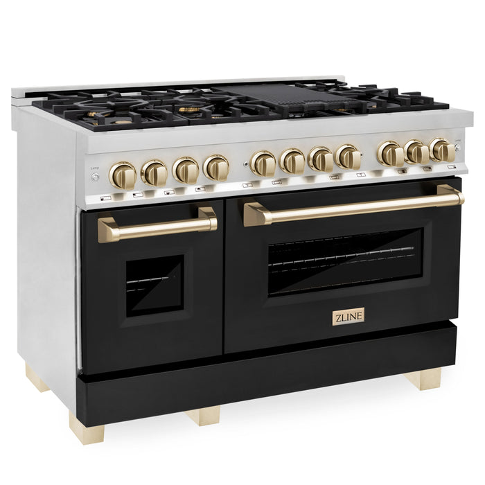 ZLINE 48" Autograph Edition Dual Fuel Range in Stainless Steel with Black Matte Doors and Polished Gold Accents,RAZ-BLM-48-G
