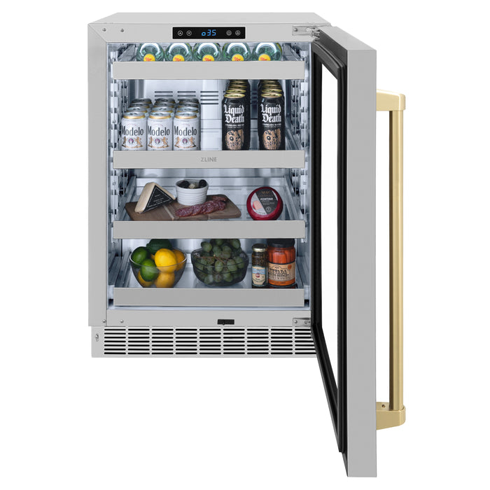 ZLINE 24" Autograph Edition Touchstone 151 Can Beverage Fridge with Stainless Steel Glass Door and Champagne Bronze Handle,  RBSOZ-GS-24-CB