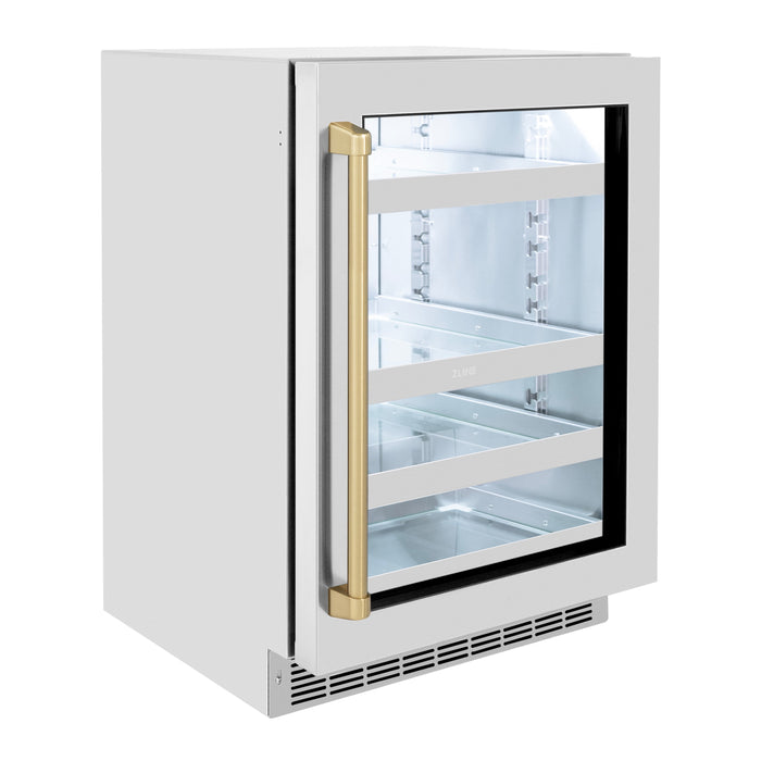 ZLINE 24" Autograph Edition Touchstone 151 Can Beverage Fridge with Stainless Steel Glass Door and Champagne Bronze Handle,  RBSOZ-GS-24-CB
