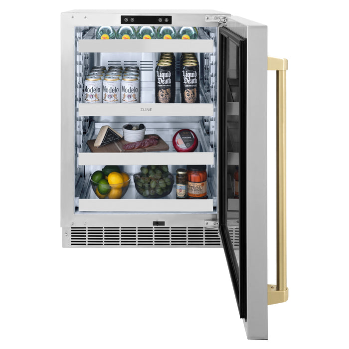 ZLINE 24" Autograph Edition Touchstone 151 Can Beverage Fridge with Solid Stainless Steel Door and Champagne Bronze Handle,  RBSOZ-ST-24-CB