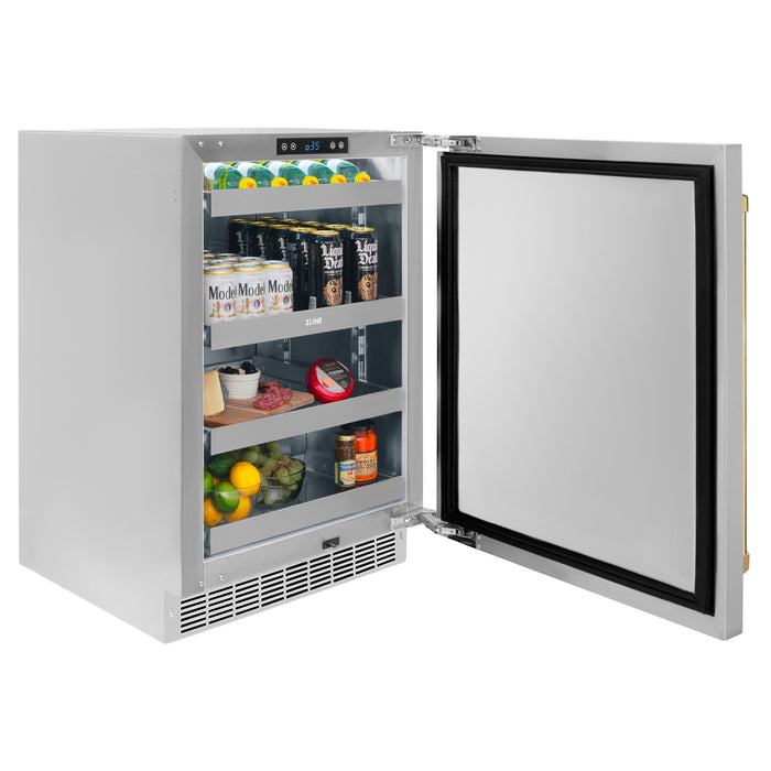 ZLINE 24" Autograph Edition Touchstone 151 Can Beverage Fridge with Solid Stainless Steel Door and Polished Gold Handle,  RBSOZ-ST-24-G