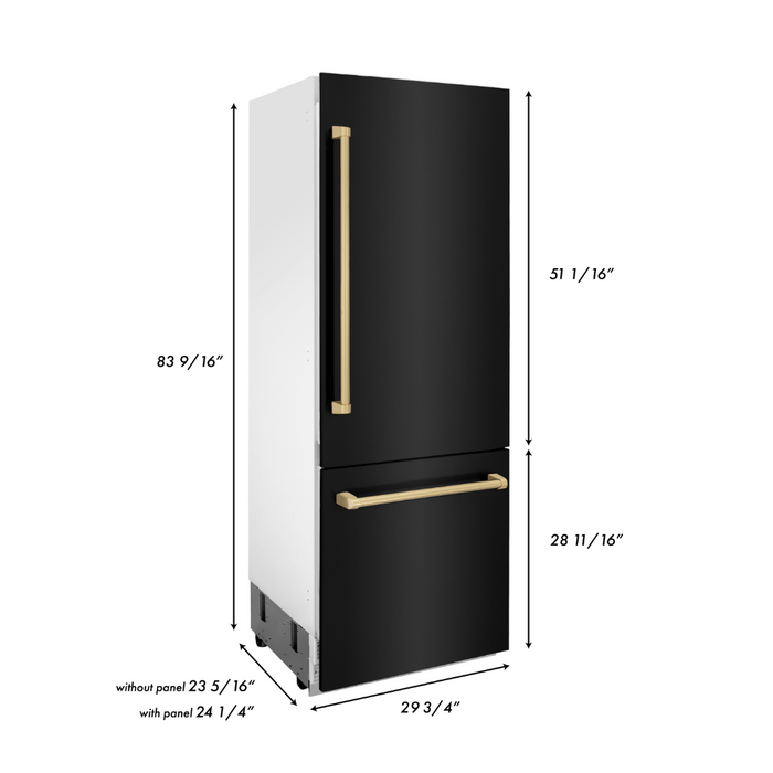 ZLINE 30" Autograph Edition Built-in Refrigerator in Black Stainless with Champagne Bronze Accents, RBIVZ-BS-30-CB