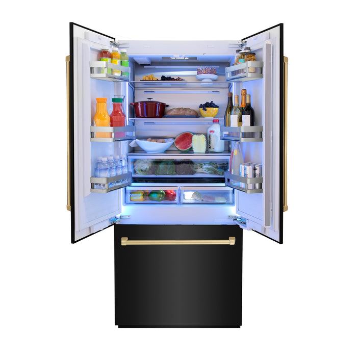 ZLINE 36" Autograph Edition Built-in Refrigerator in Black Stainless Steel with Gold Accents, RBIVZ-BS-36-G