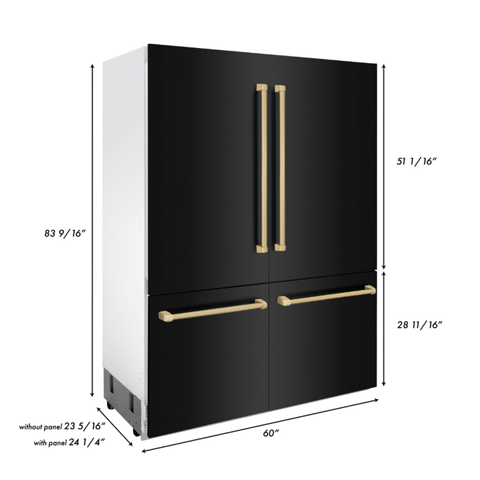 ZLINE 60" Autograph Edition Built-in 4-Door French Door Refrigerator in Black Stainless Steel with Gold Accents, RBIVZ-BS-60-G