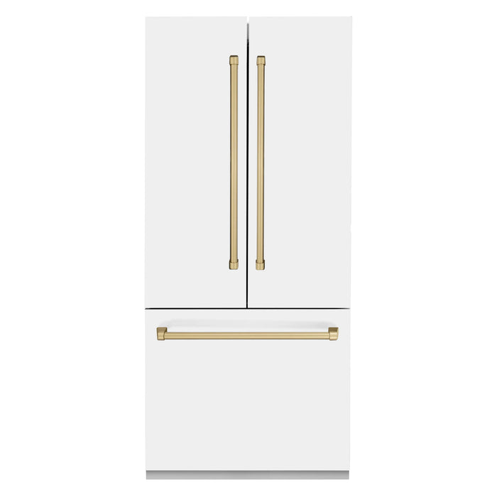 ZLINE 36" Autograph Edition Built-In French Door Refrigerator in White Matte with Champagne Bronze Accents, RBIVZ-WM-36-CB