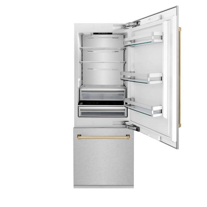 ZLINE 30" Autograph Edition Built-In Refrigerator in DuraSnow® Stainless Steel with Gold Accents, RBIVZ-SN-30-G