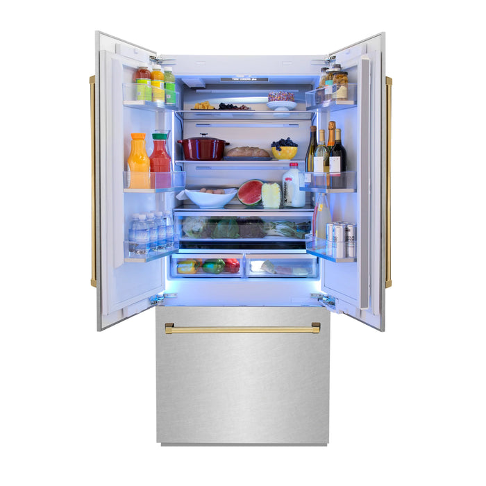 ZLINE 36" Autograph Edition Built-In Refrigerator in DuraSnow® Stainless Steel with Gold Accents, RBIVZ-SN-36-G