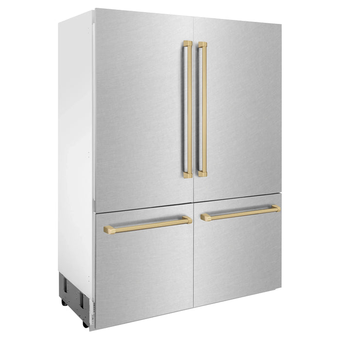 ZLINE 60" Autograph Edition Built-In 4-Door Refrigerator in DuraSnow® Stainless Steel with Champagne Bronze Accents, RBIVZ-SN-60-CB