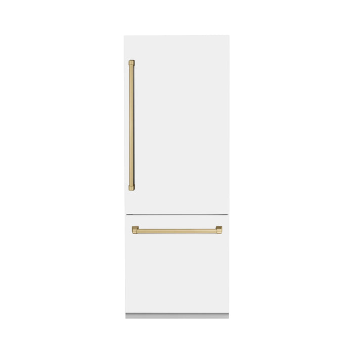 ZLINE 30" Built-In 2 Door Bottom Freezer Refrigerator in White Matte with Champagne Bronze Accents, RBIVZ-WM-30-CB