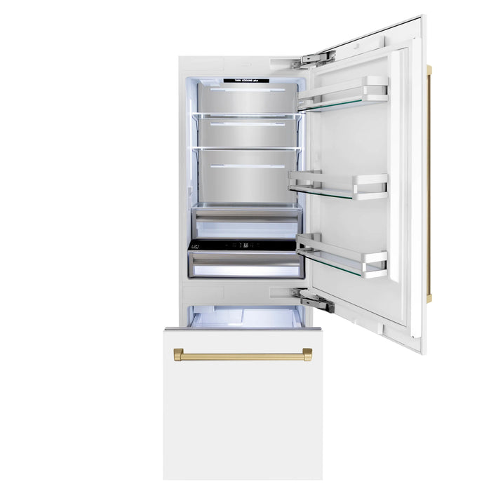 ZLINE 30" Built-In 2 Door Bottom Freezer Refrigerator in White Matte with Champagne Bronze Accents, RBIVZ-WM-30-CB
