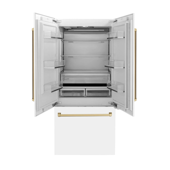 ZLINE 36" Autograph Edition Built-In French Door Refrigerator in White Matte with Gold Accents, RBIVZ-WM-36-G