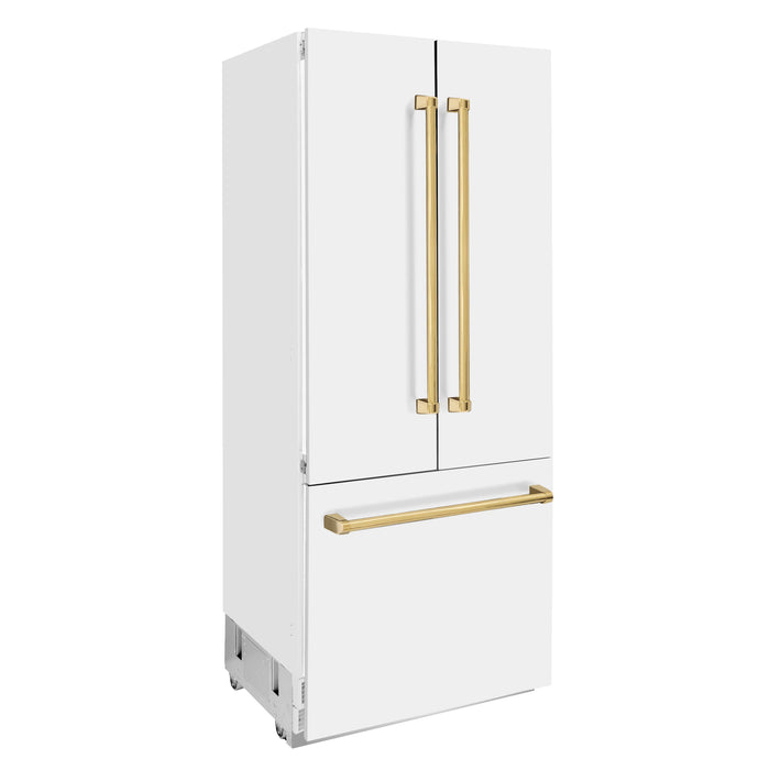 ZLINE 36" Autograph Edition Built-In French Door Refrigerator in White Matte with Gold Accents, RBIVZ-WM-36-G