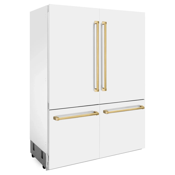 ZLINE 60" Autograph Edition Built-In 4-Door French Door Refrigerator in White Matte with Gold Accents, RBIVZ-WM-60-G