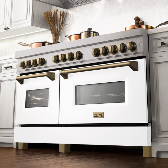 ZLINE 60" Autograph Edition Dual Fuel Range in DuraSnow® Stainless Steel with White Matte Doors and Champagne Bronze Accents, RASZ-WM-60-CB