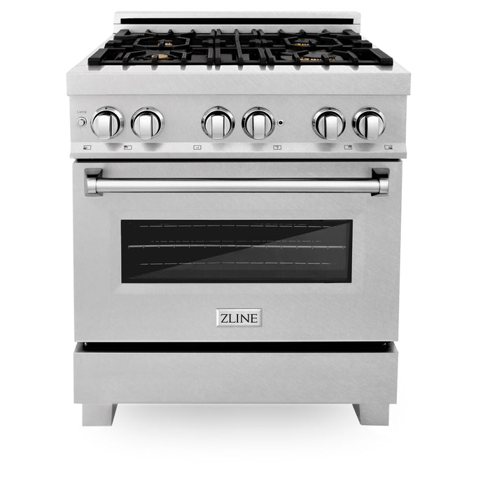 ZLINE 30" Dual Fuel Range with Griddle and Brass Burners in DuraSnow® Stainless Steel, RAS-SN-BR-GR-30