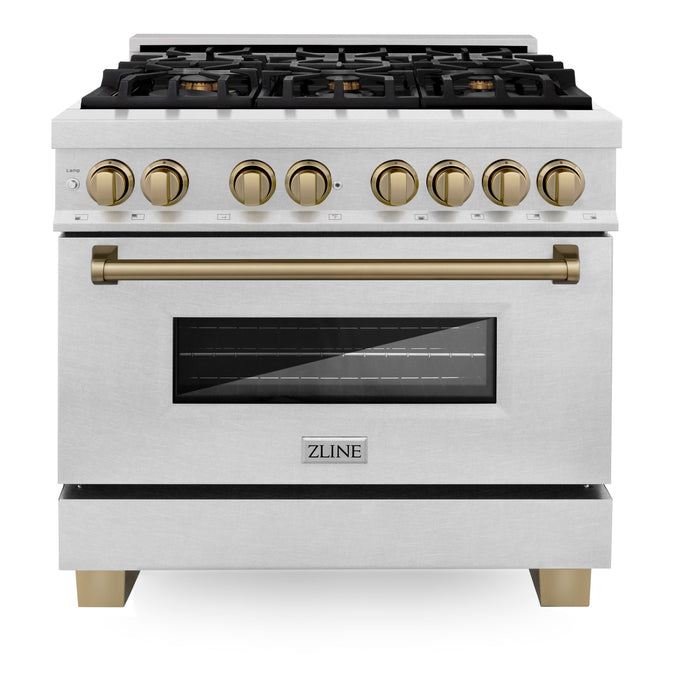 ZLINE 36" Autograph Edition Dual Fuel Range in DuraSnow® Stainless Steel with Champagne Bronze Accents, RASZ-SN-36-CB