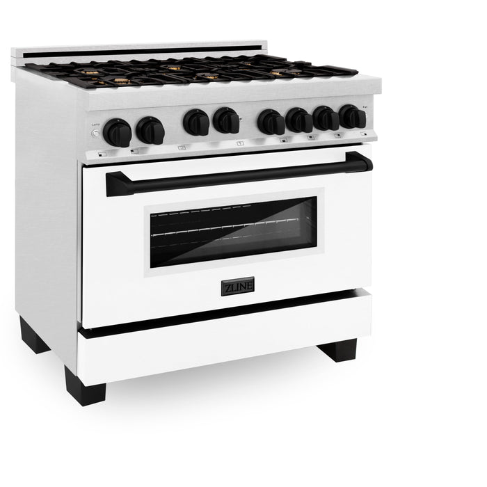 ZLINE 36" Autograph Edition All Gas Range in DuraSnow® Stainless Steel with White Matte Door and Matte Black Accents, RGSZ-WM-36-MB