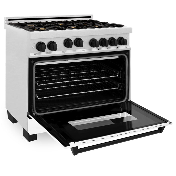 ZLINE 36" Autograph Edition All Gas Range in DuraSnow® Stainless Steel with White Matte Door and Matte Black Accents, RGSZ-WM-36-MB