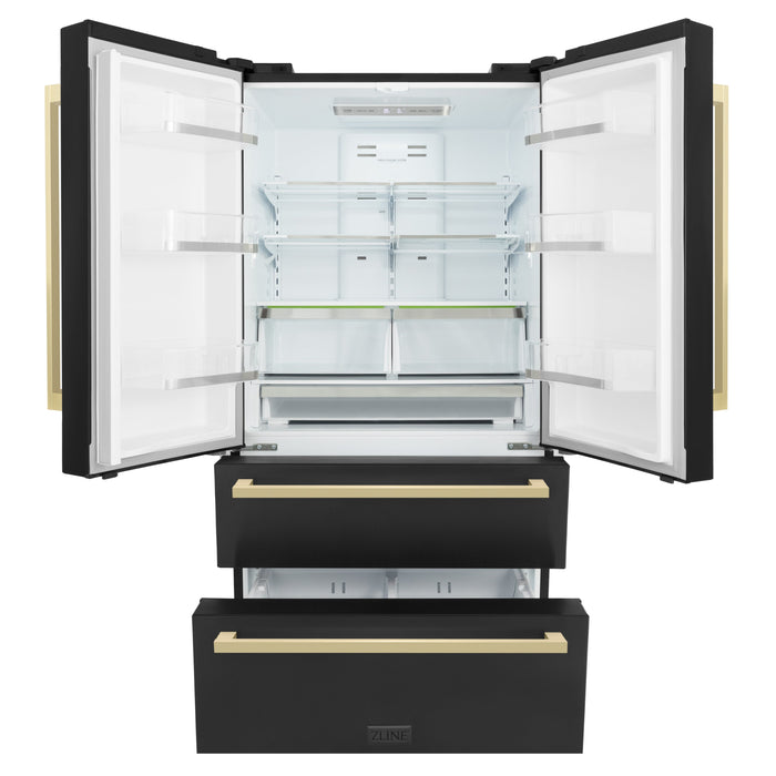 ZLINE 36" Autograph Edition Built-In Refrigerator in Fingerprint Resistant Black Stainless Steel and Champagne Bronze Square Handles, RFMZ-36-BS-FCB
