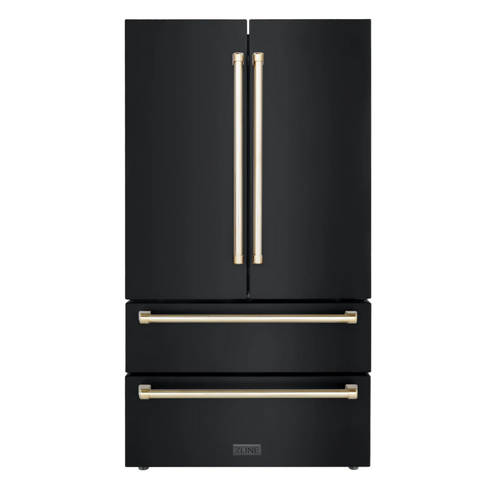 ZLINE 36" Autograph Edition Refrigerator in Fingerprint Resistant Black Stainless Steel and Gold Accents, RFMZ-36-BS-G