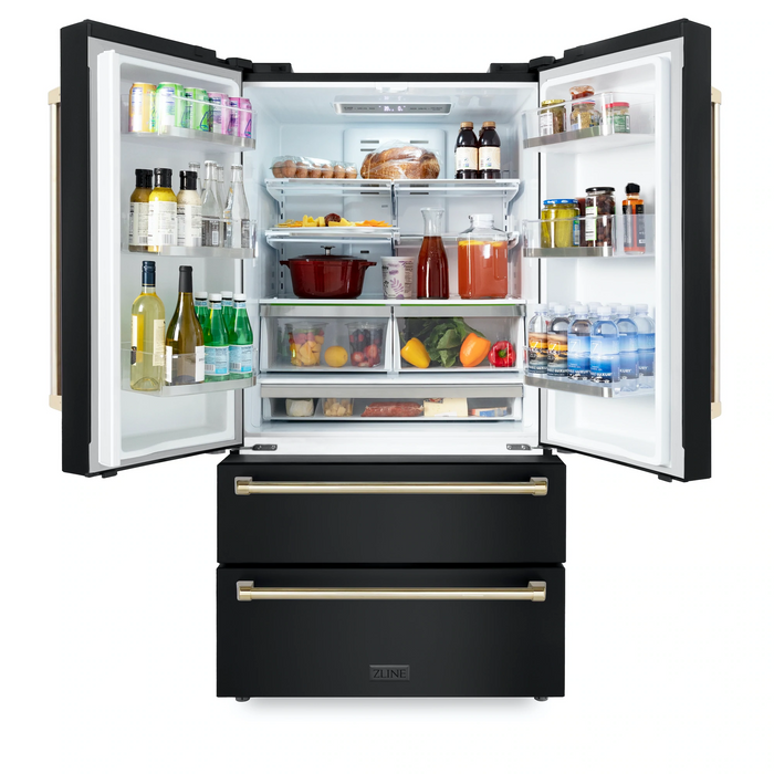 ZLINE 36" Autograph Edition Refrigerator in Fingerprint Resistant Black Stainless Steel and Gold Accents, RFMZ-36-BS-G