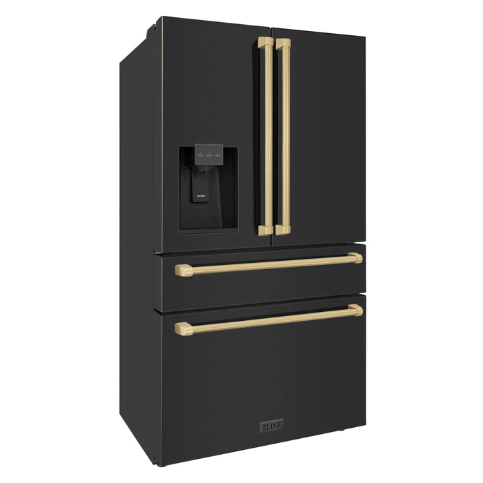 ZLINE 36" Autograph Edition Refrigerator in Black Fingerprint Resistant Stainless Steel with Champagne Bronze Accents, RFMZ-W-36-BS-CB
