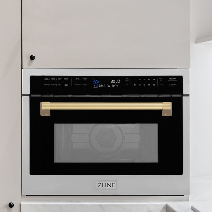 ZLINE 24" Autograph Edition Built-in Convection Microwave Oven in DuraSnow® Stainless Steel with Champagne Bronze Handle, MWOZ-24-SS-CB