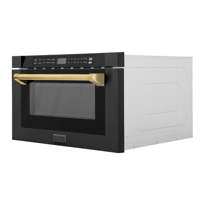 ZLINE 24" Autograph Edition Built-in Microwave Drawer in Black Stainless Steel with Gold Accents, MWDZ-1-BS-H-G