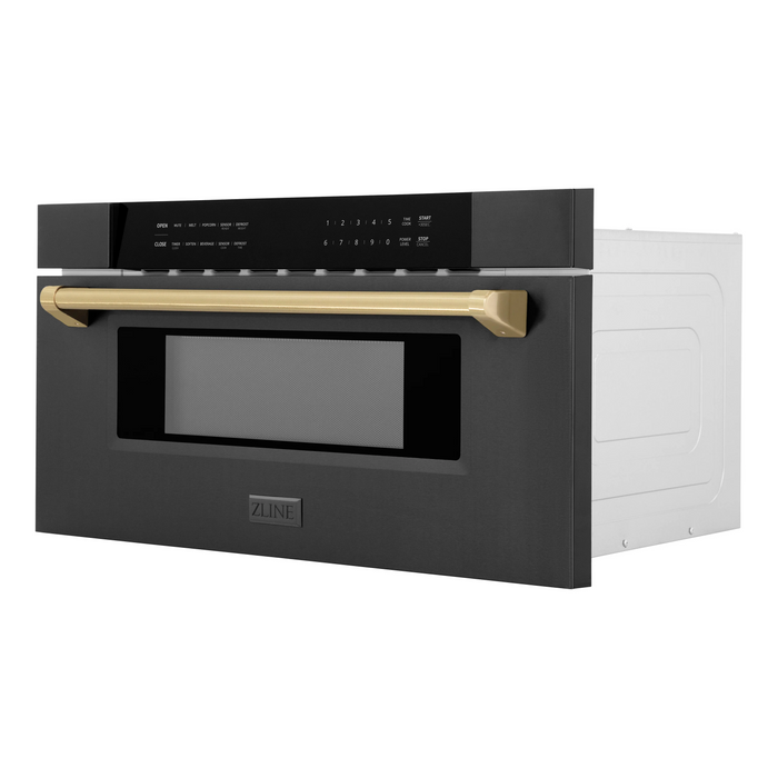 ZLINE 30" Autograph Edition Built-In Microwave Drawer In Black Stainless Steel with Champagne Bronze Accents, MWDZ-30-BS-CB