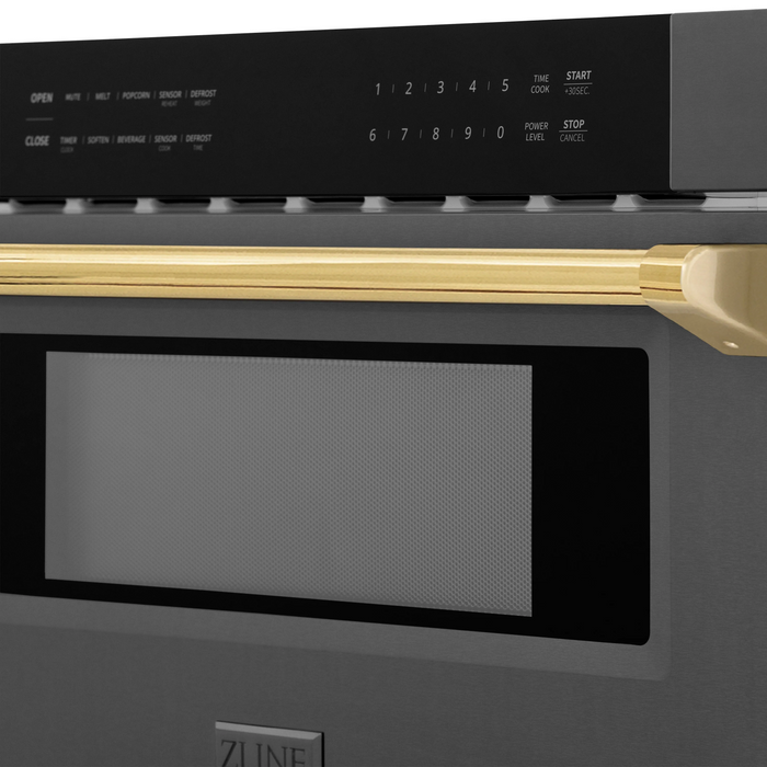 ZLINE Autograph Package - 48" Dual Fuel Range, Range Hood, Refrigerator with Water and Ice Dispenser, Microwave and Dishwasher in Black Stainless Steel with Gold Accents