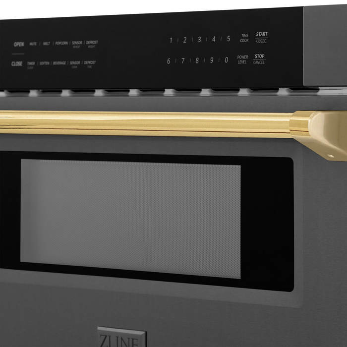 ZLINE 30" Autograph Edition Built-In Microwave Drawer In Black Stainless Steel with Gold Accents, MWDZ-30-BS-G