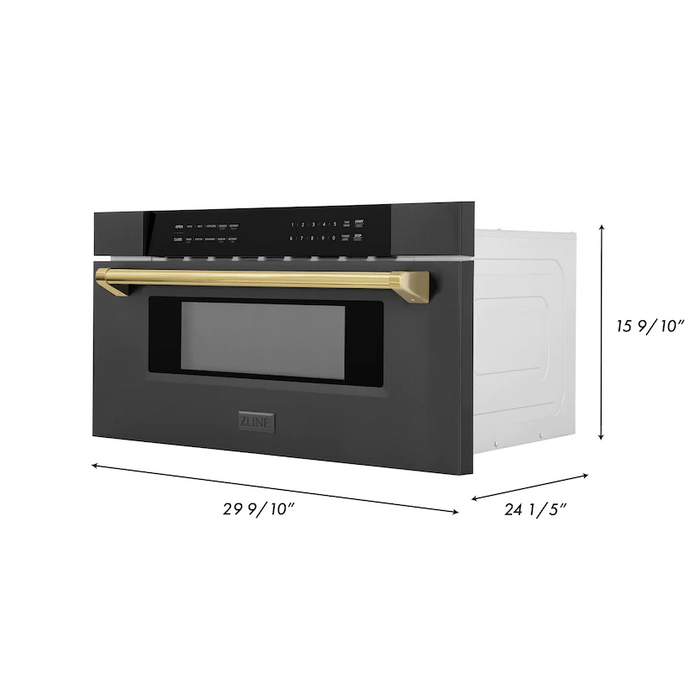 ZLINE Autograph Package - 36" Dual Fuel Range, Range Hood, Refrigerator with Water and Ice Dispenser, Microwave and Dishwasher in Black Stainless Steel with Gold Accents