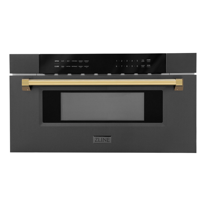 ZLINE Autograph Package - 48" Dual Fuel Range, Range Hood, Refrigerator with Water and Ice Dispenser, Microwave and Dishwasher in Black Stainless Steel with Gold Accents