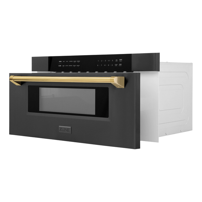 ZLINE Autograph Package - 48" Dual Fuel Range, Range Hood, Refrigerator with Water and Ice Dispenser, Microwave and Dishwasher in Black Stainless Steel with Gold Accents