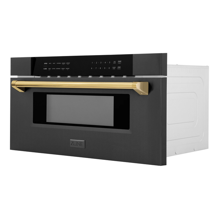 ZLINE 30" Autograph Edition Built-In Microwave Drawer In Black Stainless Steel with Gold Accents, MWDZ-30-BS-G