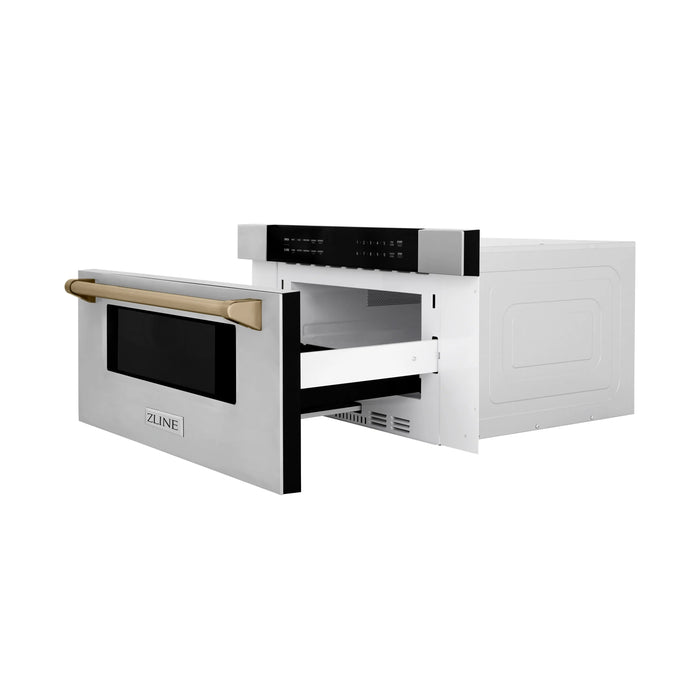 ZLINE Autograph Package - 36" Dual Fuel Range, Range Hood, Refrigerator with Water and Ice Dispenser, Microwave and Dishwasher in Stainless Steel with Bronze Accents