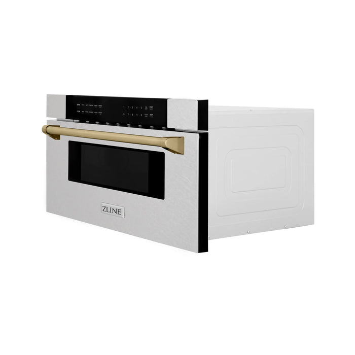 ZLINE 30" Autograph Edition Built-In Microwave Drawer In DuraSnow® Stainless Steel With Champagne Bronze Accents, MWDZ-30-SS-CB