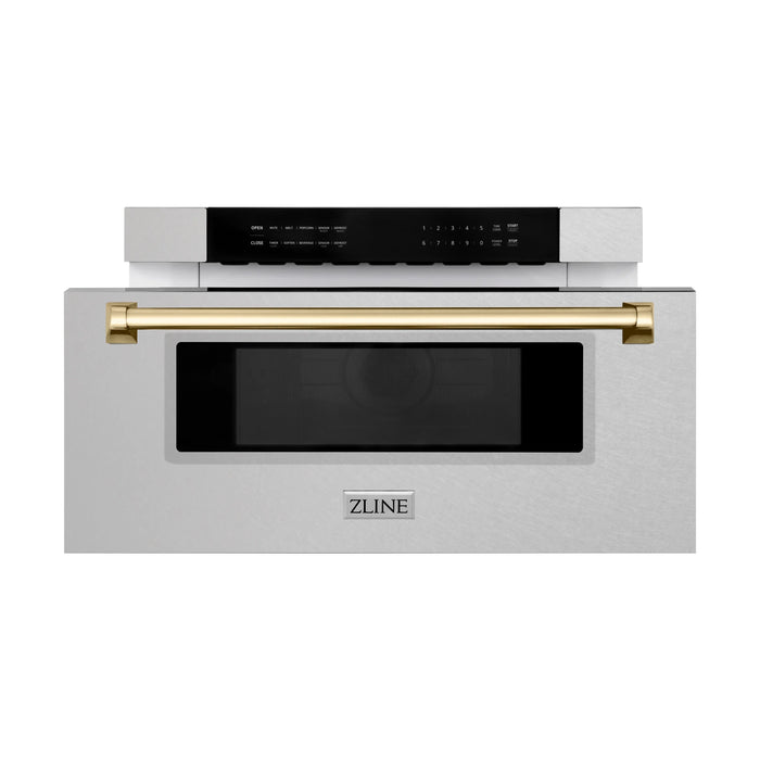 ZLINE 30" Autograph Edition Built-In Microwave Drawer In DuraSnow® Stainless Steel With Gold Accents, MWDZ-30-SS-G