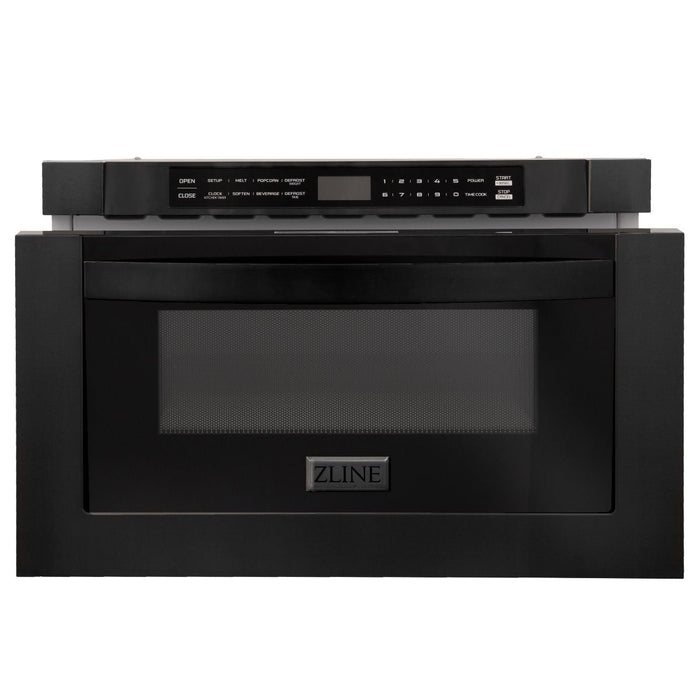 ZLINE Appliance Package - 48 in. Dual Fuel Range, Range Hood, Microwave Drawer, Refrigerator in Black Stainless, 4KPR-RABRH48-MW