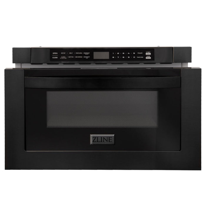 ZLINE Package - 36" Dual Fuel Range, Range Hood, Microwave, Dishwasher in Black Stainless