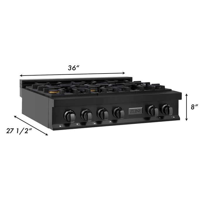ZLINE 36" Rangetop with 6 Gas Brass Burners in Black Stainless Steel, RTB-BR-36