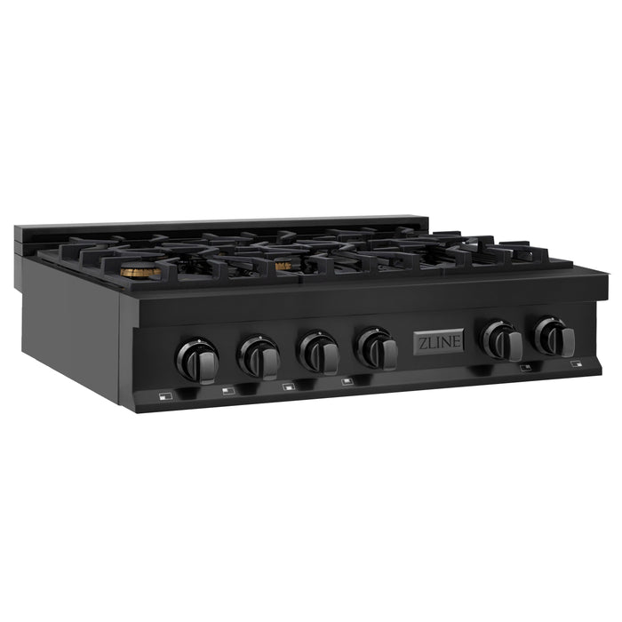 ZLINE 36" Rangetop with 6 Gas Brass Burners in Black Stainless Steel, RTB-BR-36