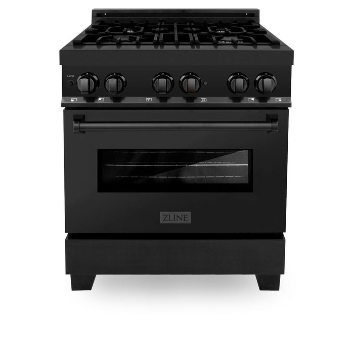 ZLINE Appliance Package - 30 in. Dual Fuel Range, Range Hood, Microwave & Dishwasher in Black Stainless Steel, 4KP-RABRH30-MWDW